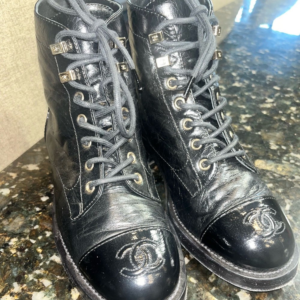 Chanel Crumpled Lambskin Shiny Calfskin Combat Boots